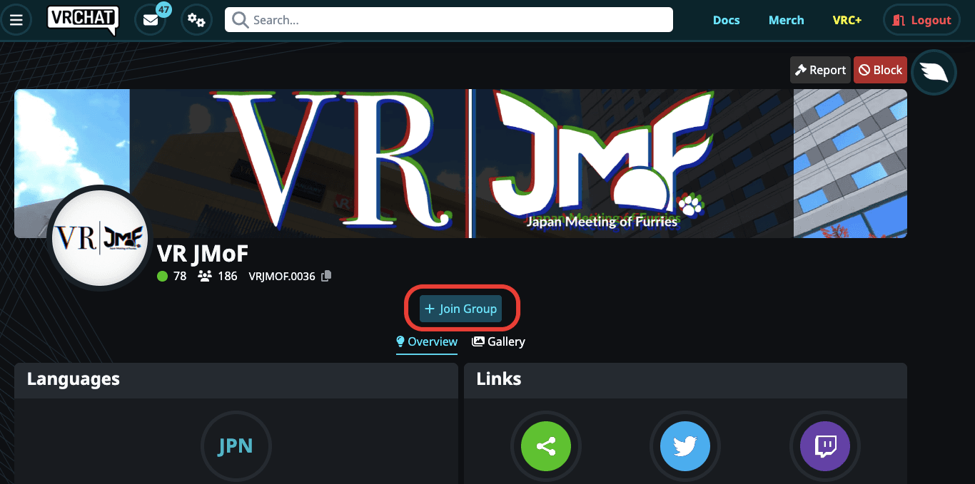 VRChatのグループ参加画面のスクリーンショット